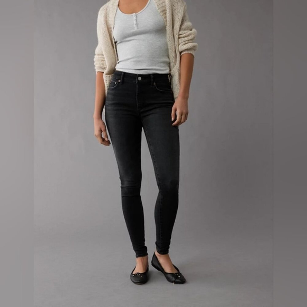 American Eagle High Rise Jeggings Black Skinny Jeans Denim Size 2 Short